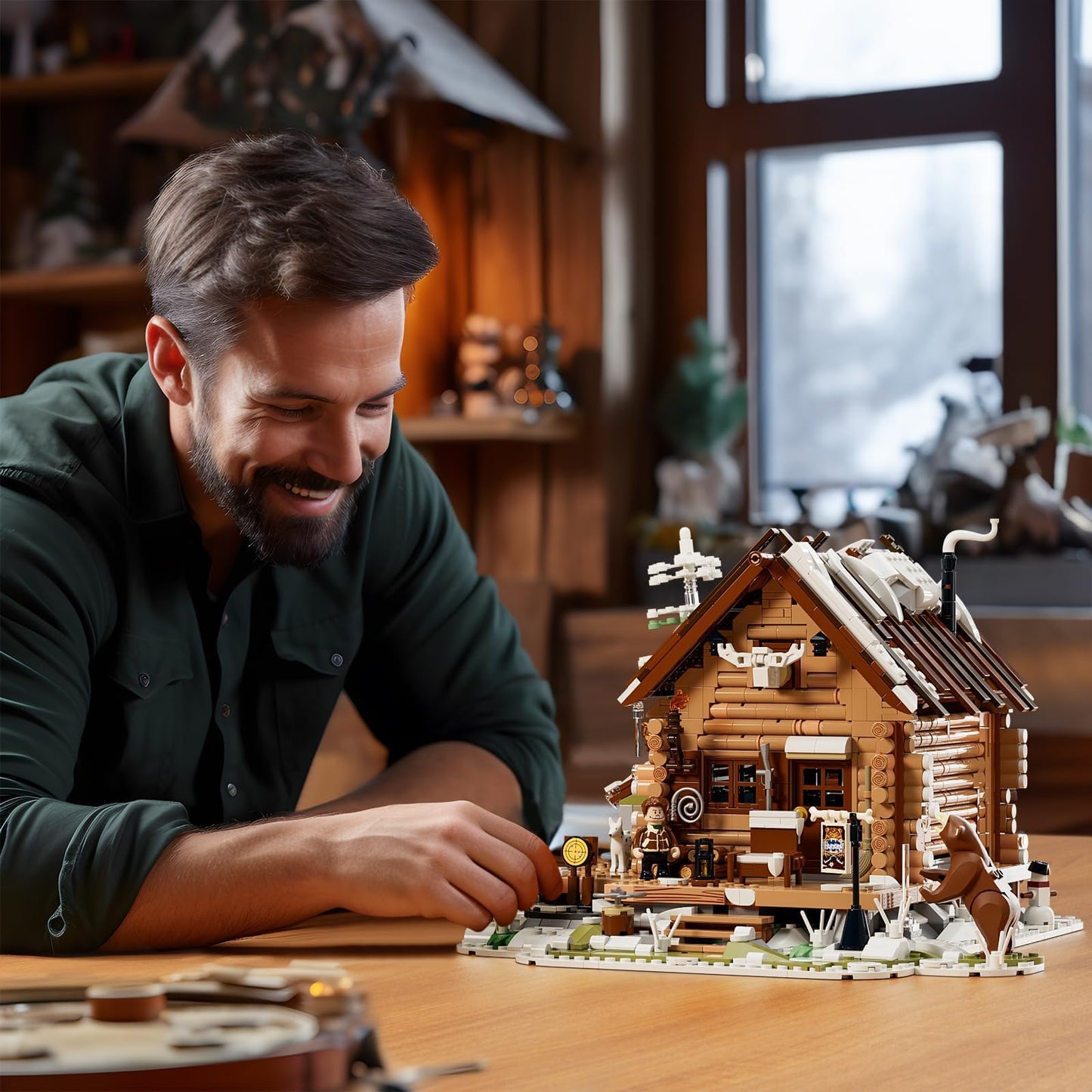FUNWHOLE Hunting-Cabin Lighting Building Bricks Set | 2036-Piece LED Cabin Kit for Adults and Teens