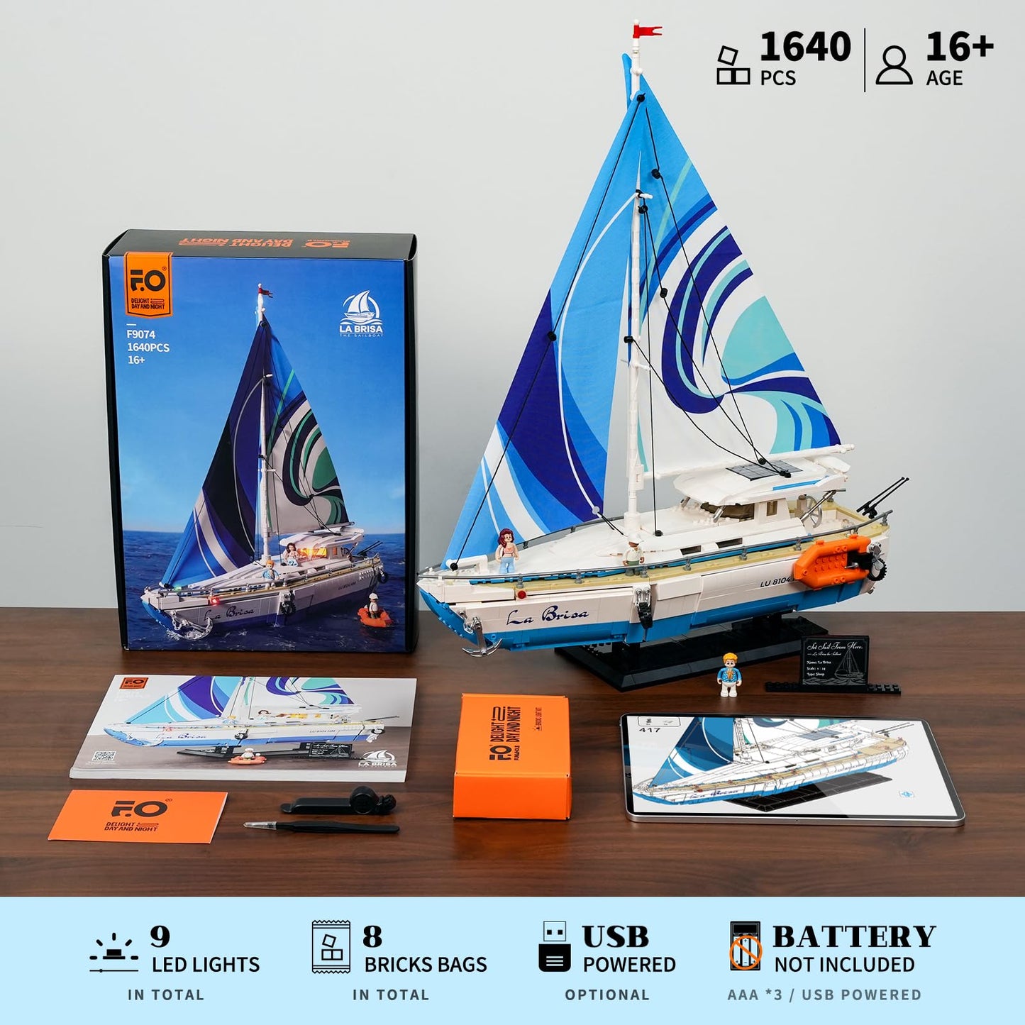 FUNWHOLE Sailboat La Brisa Lighting Building-Bricks Set — 1640-Piece Display Model for Adults