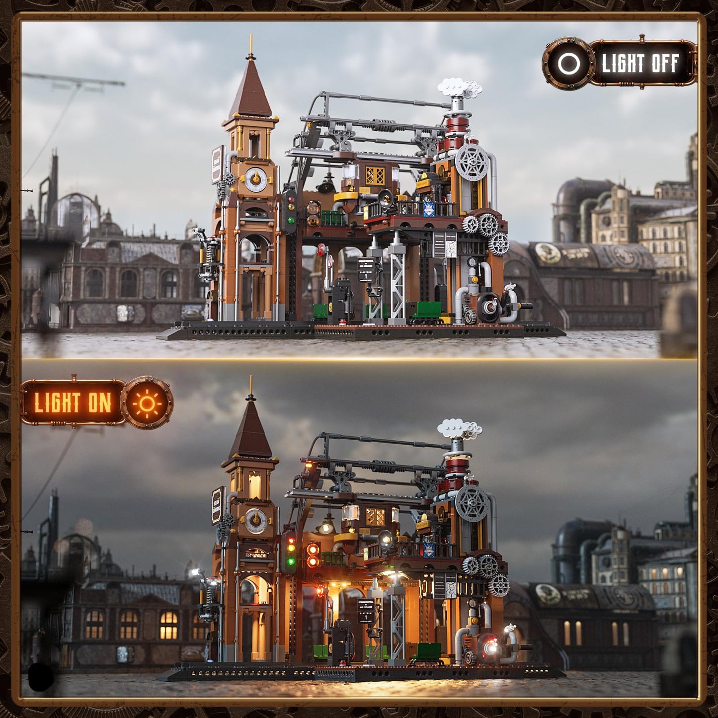 FUNWHOLE Train-Station Lighting Bricks Set – Steampunk LED Build Kit (1843 Pieces)