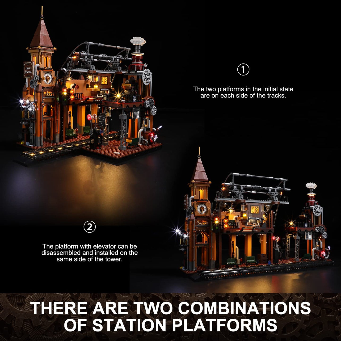FUNWHOLE Train-Station Lighting Bricks Set – Steampunk LED Build Kit (1843 Pieces)