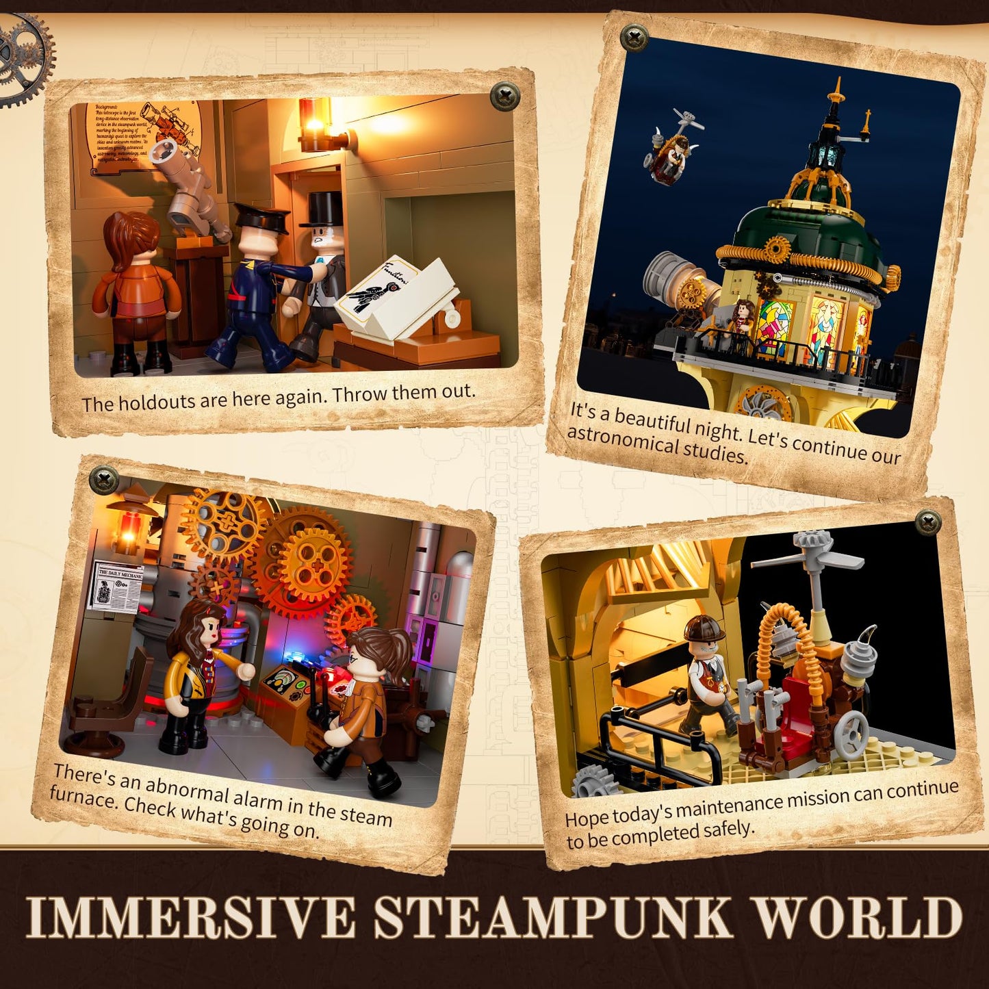 FUNWHOLE Steampunk Observatory Tower Lighting Set – 2744-Piece Astronomy Display for Adults