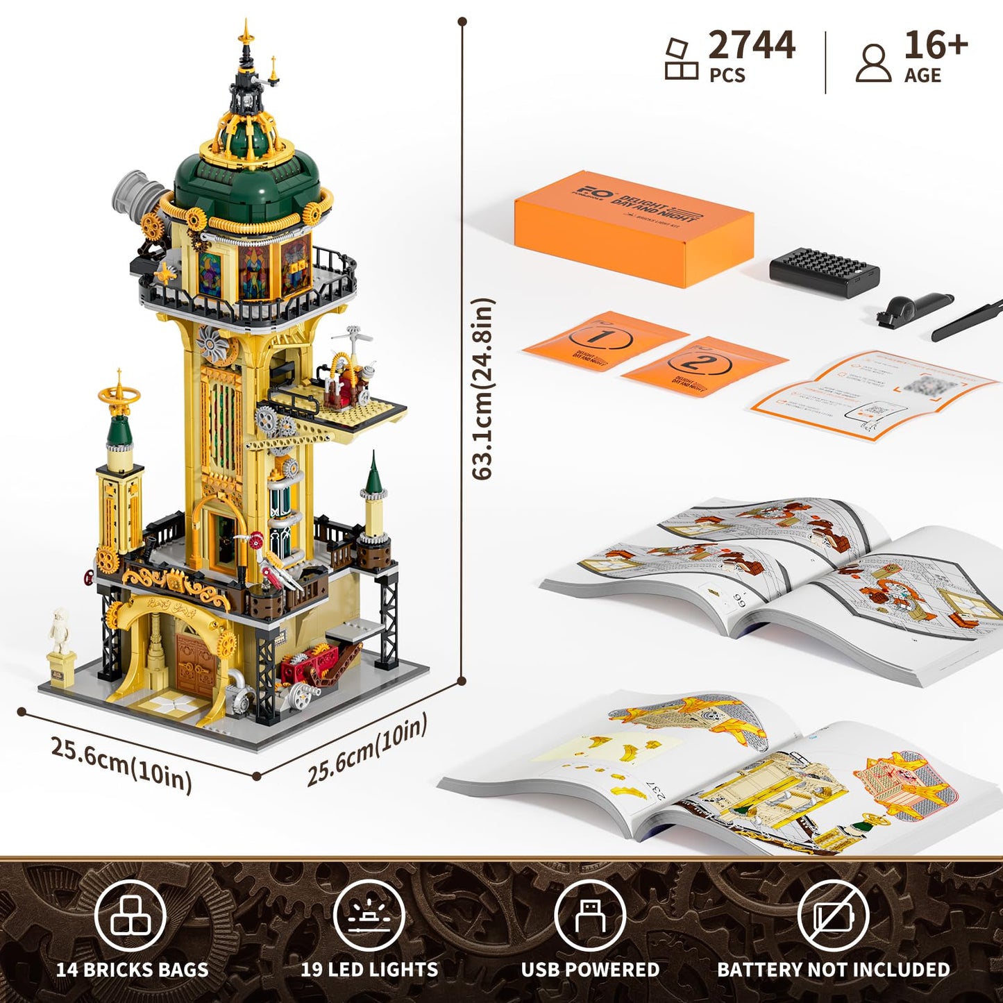 FUNWHOLE Steampunk Observatory Tower Lighting Set – 2744-Piece Astronomy Display for Adults