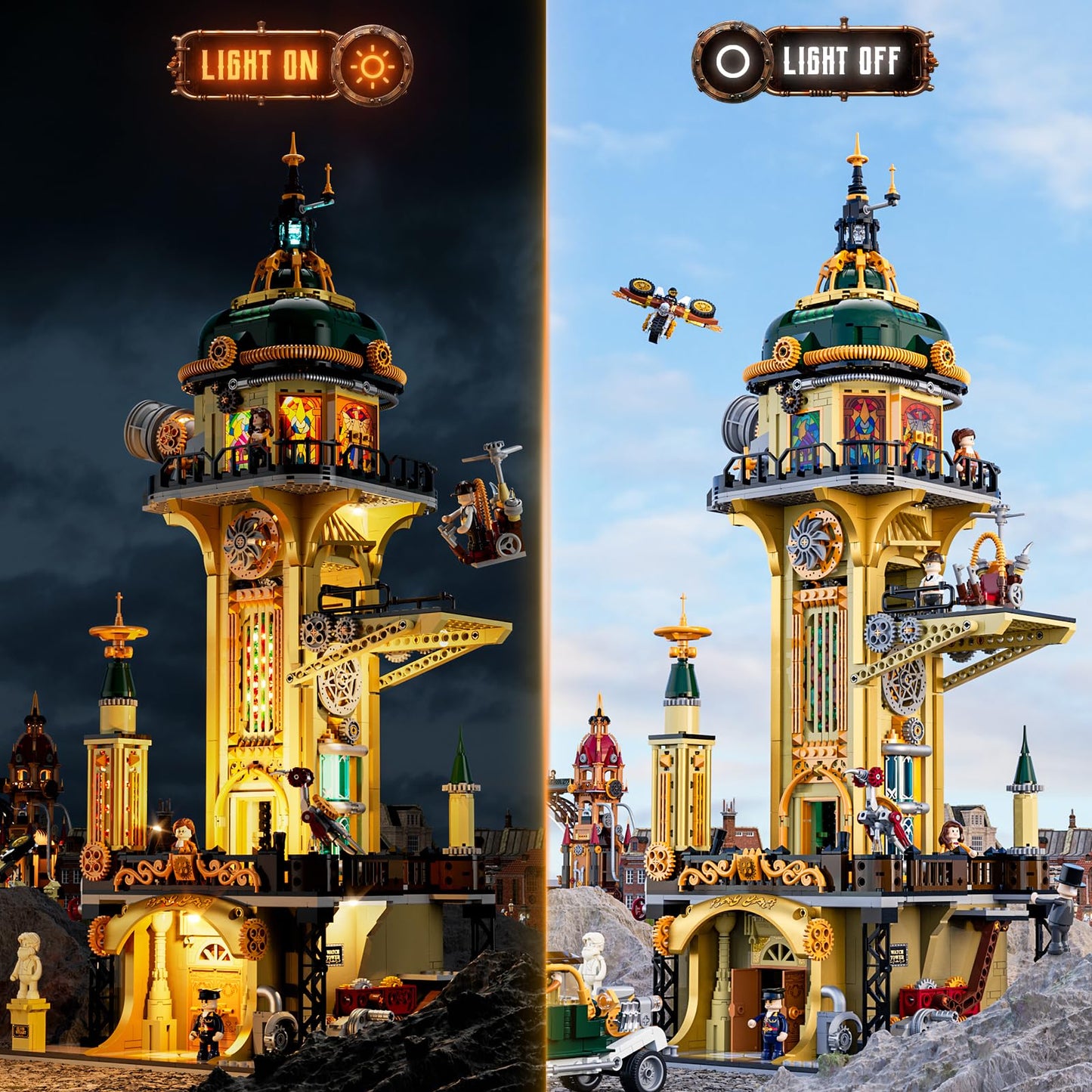 FUNWHOLE Steampunk Observatory Tower Lighting Set – 2744-Piece Astronomy Display for Adults