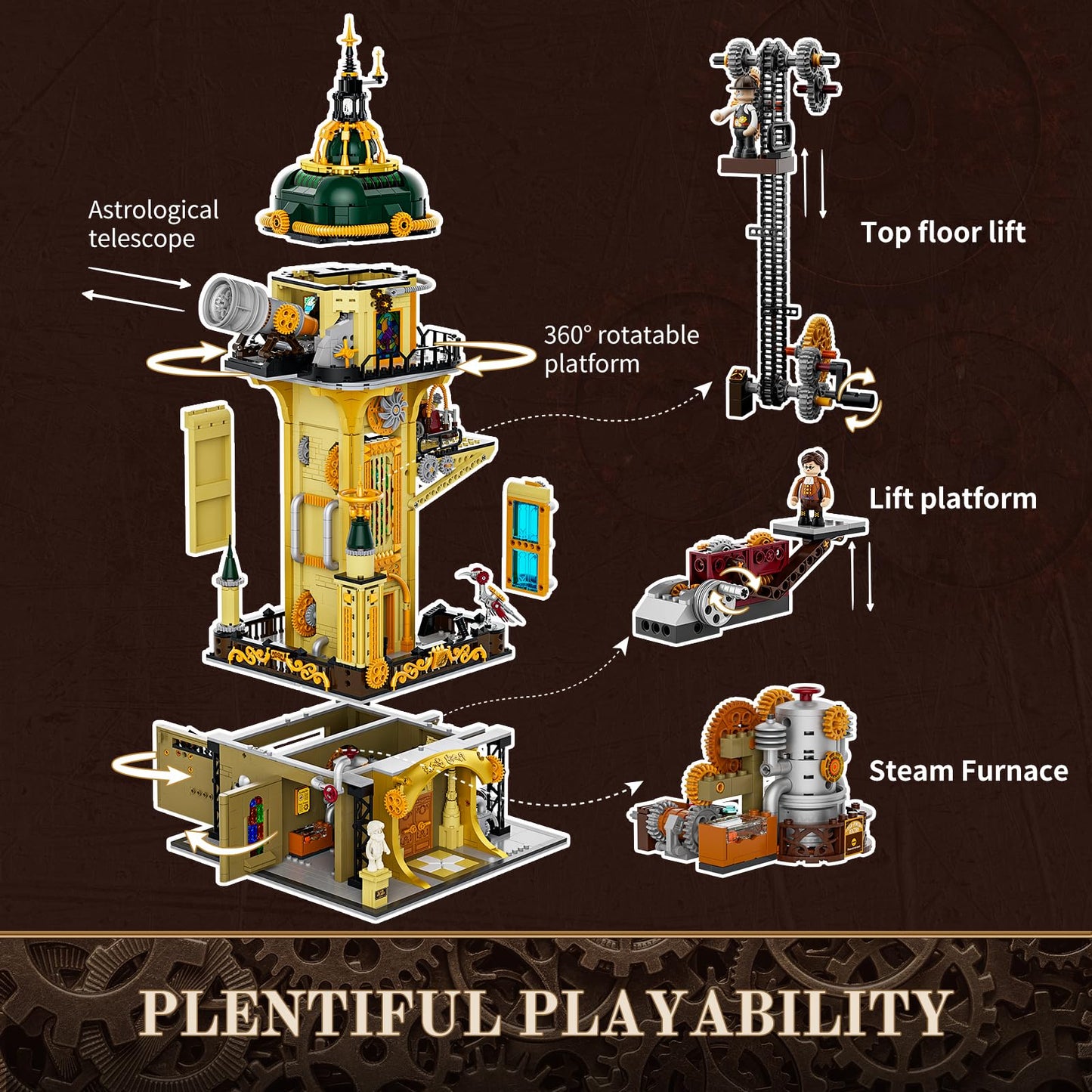 FUNWHOLE Steampunk Observatory Tower Lighting Set – 2744-Piece Astronomy Display for Adults