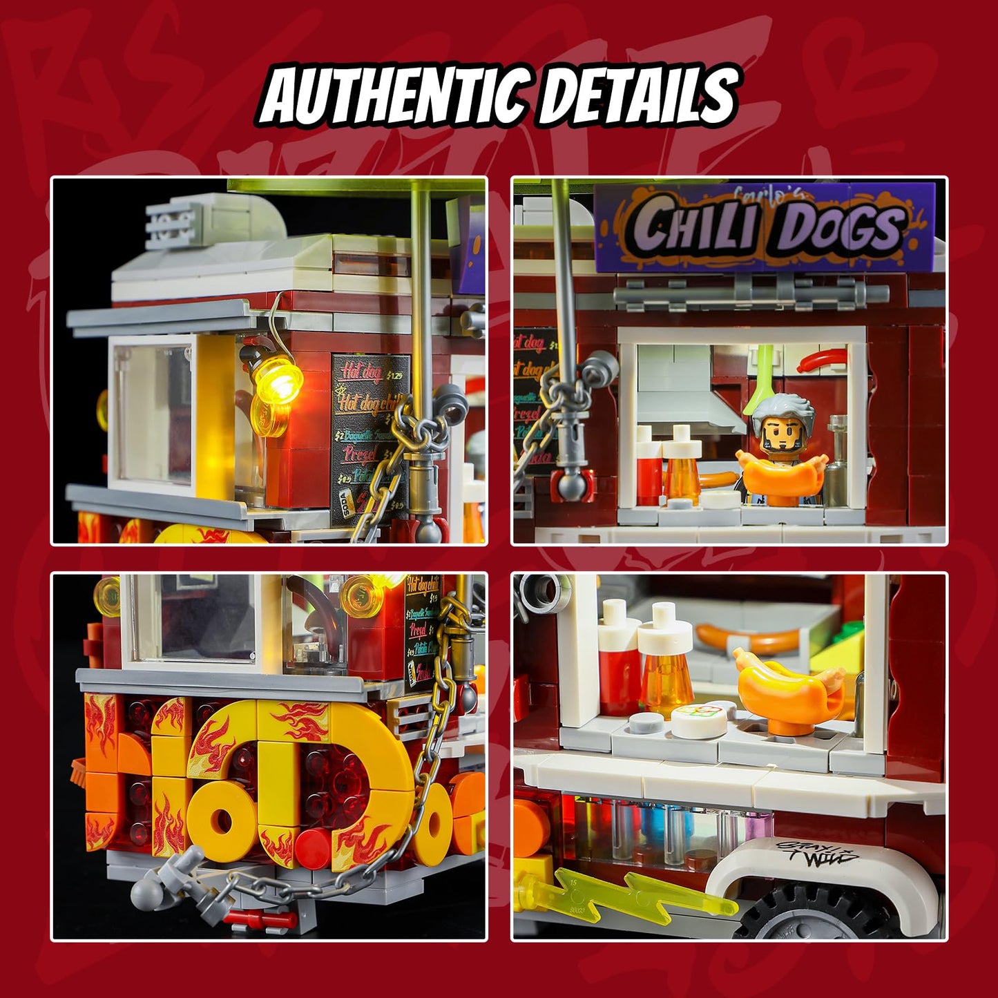 FUNWHOLE Chili Dog Trailer Lighting Bricks Set – Street Fusion City Town LED Food Truck (515 Pcs)