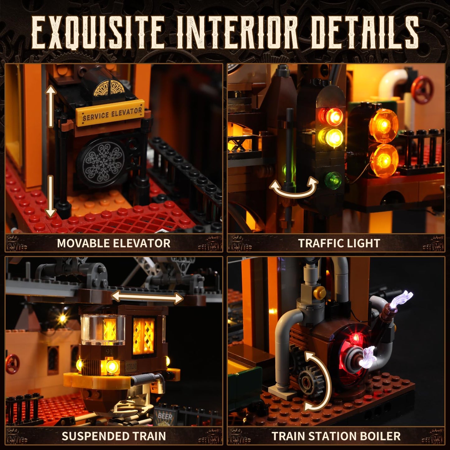 FUNWHOLE Train-Station Lighting Bricks Set – Steampunk LED Build Kit (1843 Pieces)