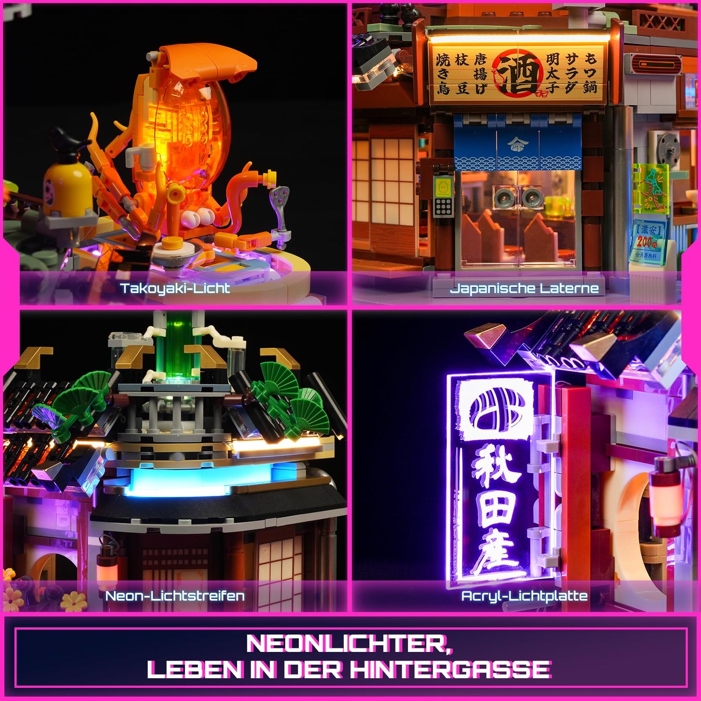 FUNWHOLE Cyberpunk Japanese-Izakaya Lighting-Building Bricks Set | Neon City LED Model (1987 Pcs)