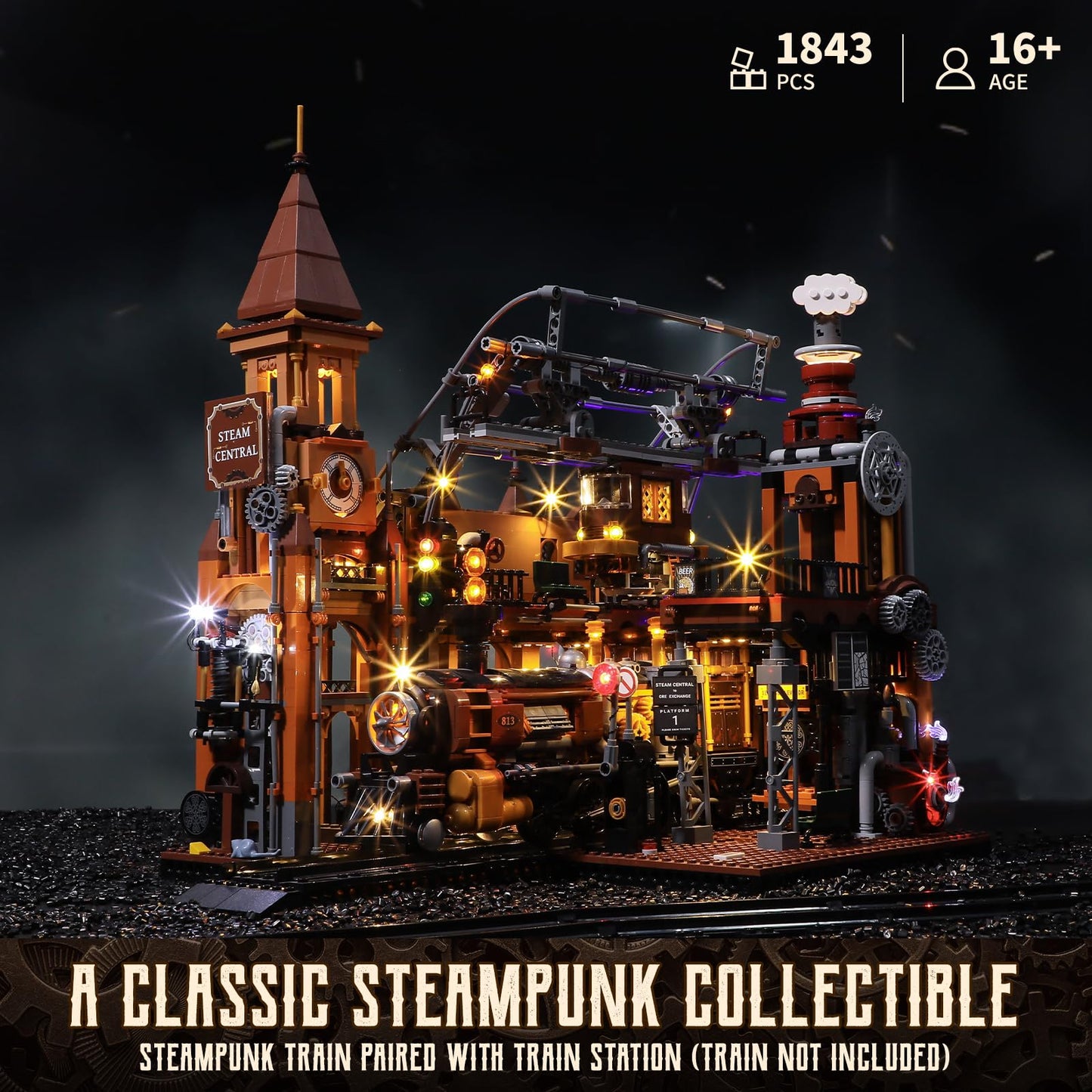 FUNWHOLE Train-Station Lighting Bricks Set – Steampunk LED Build Kit (1843 Pieces)
