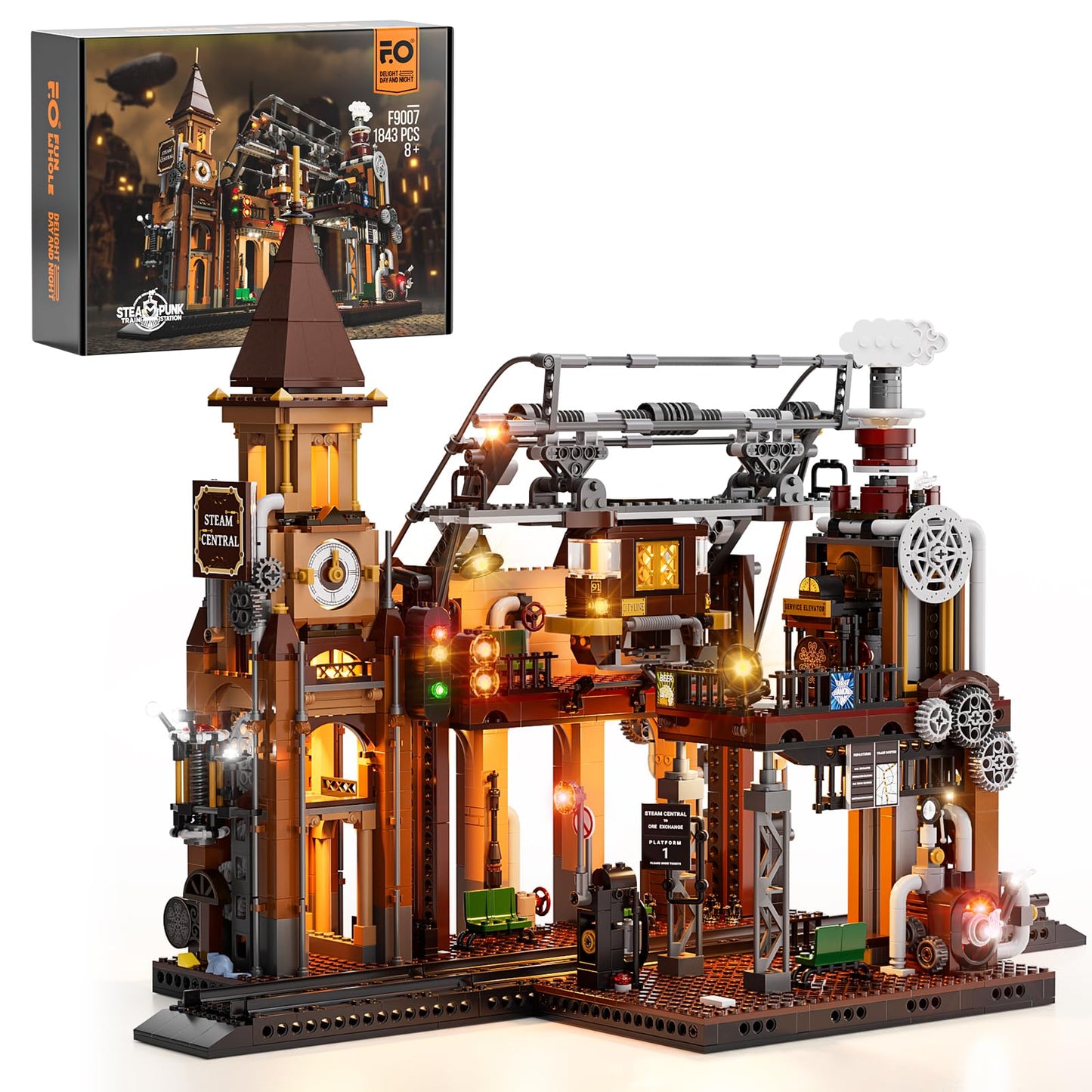 FUNWHOLE Train-Station Lighting Bricks Set – Steampunk LED Build Kit (1843 Pieces)