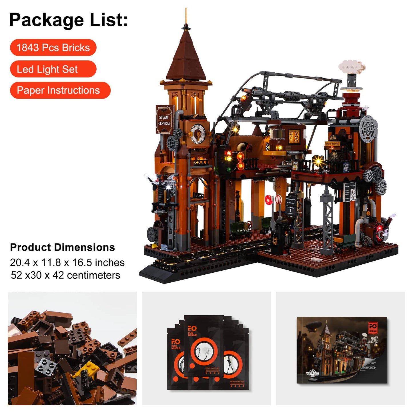 FUNWHOLE Train-Station Lighting Bricks Set – Steampunk LED Build Kit (1843 Pieces)