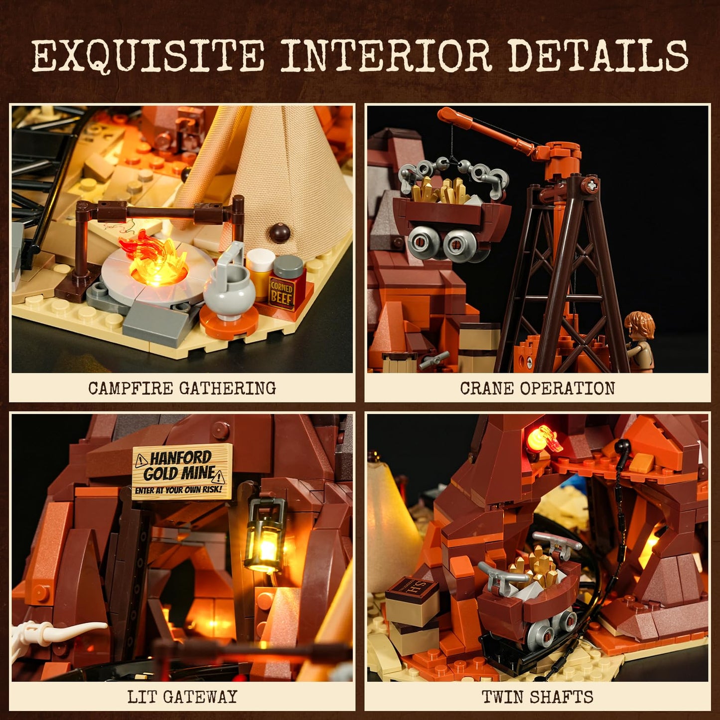 FUNWHOLE Wild West Gold Mine Lighting Building-Bricks Set – 658 Pcs Prospector’s Dig Entrance