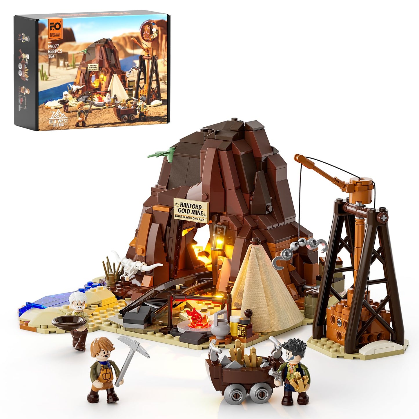 FUNWHOLE Wild West Gold Mine Lighting Building-Bricks Set – 658 Pcs Prospector’s Dig Entrance