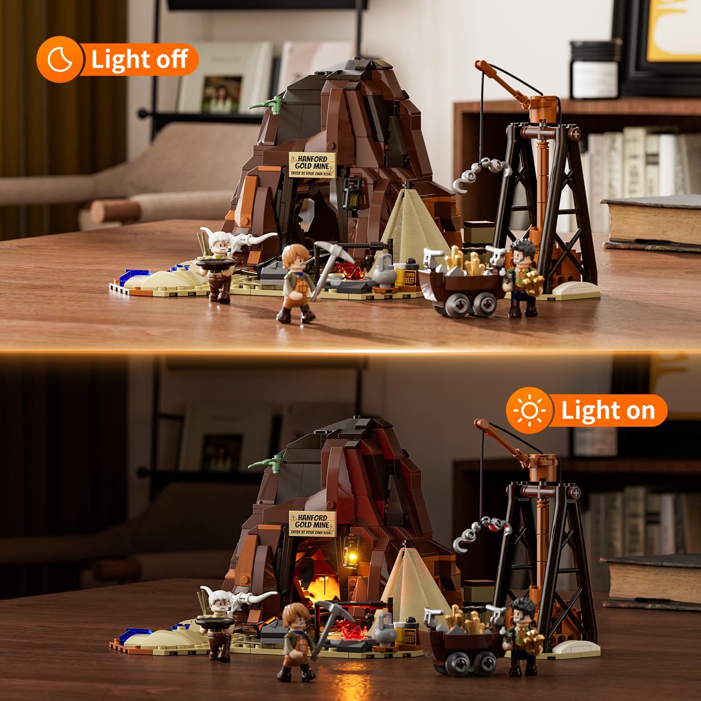 FUNWHOLE Wild West Gold Mine Lighting Building-Bricks Set – 658 Pcs Prospector’s Dig Entrance