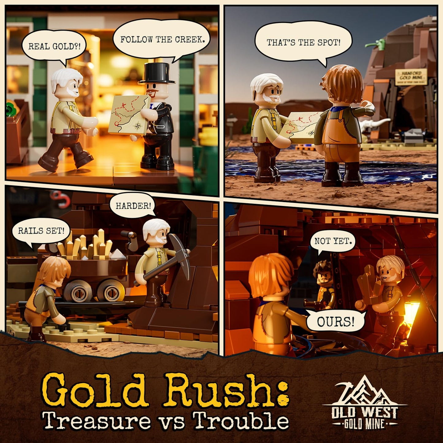 FUNWHOLE Wild West Gold Mine Lighting Building-Bricks Set – 658 Pcs Prospector’s Dig Entrance