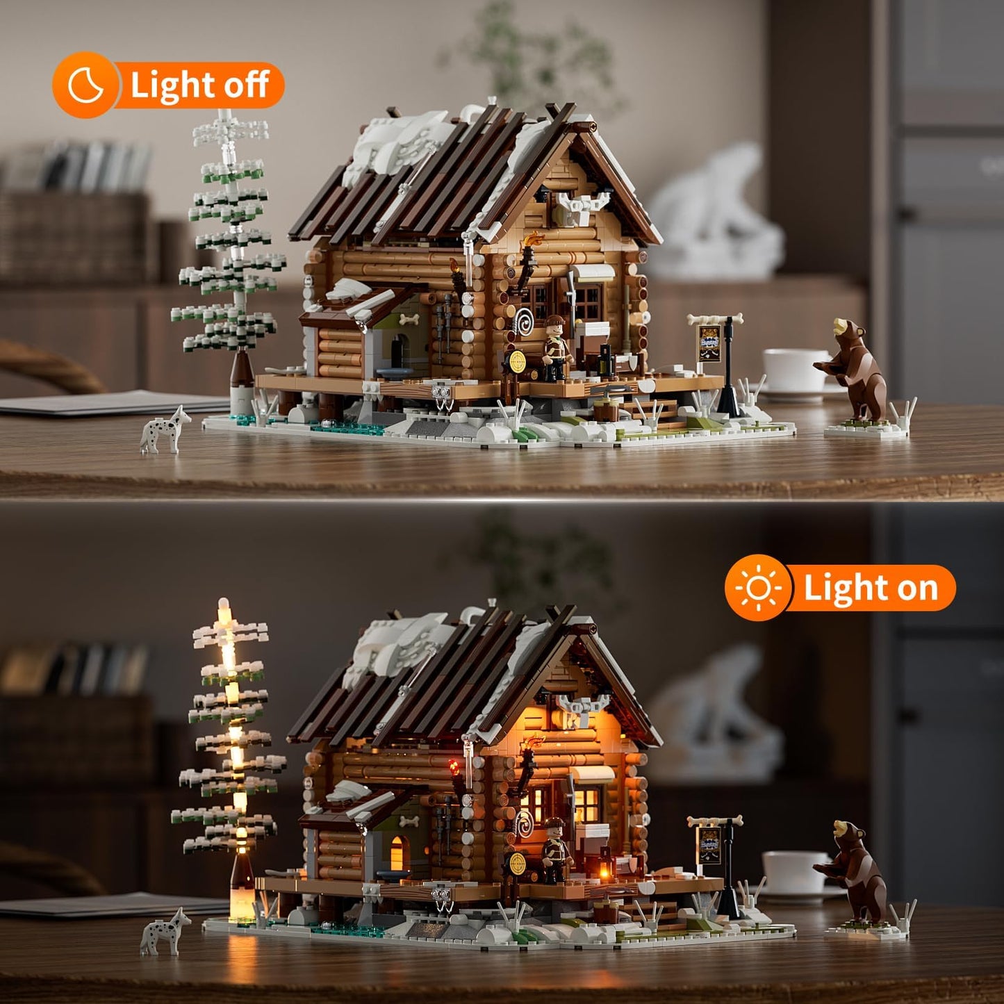 FUNWHOLE Hunting-Cabin Lighting Building Bricks Set | 2036-Piece LED Cabin Kit for Adults and Teens