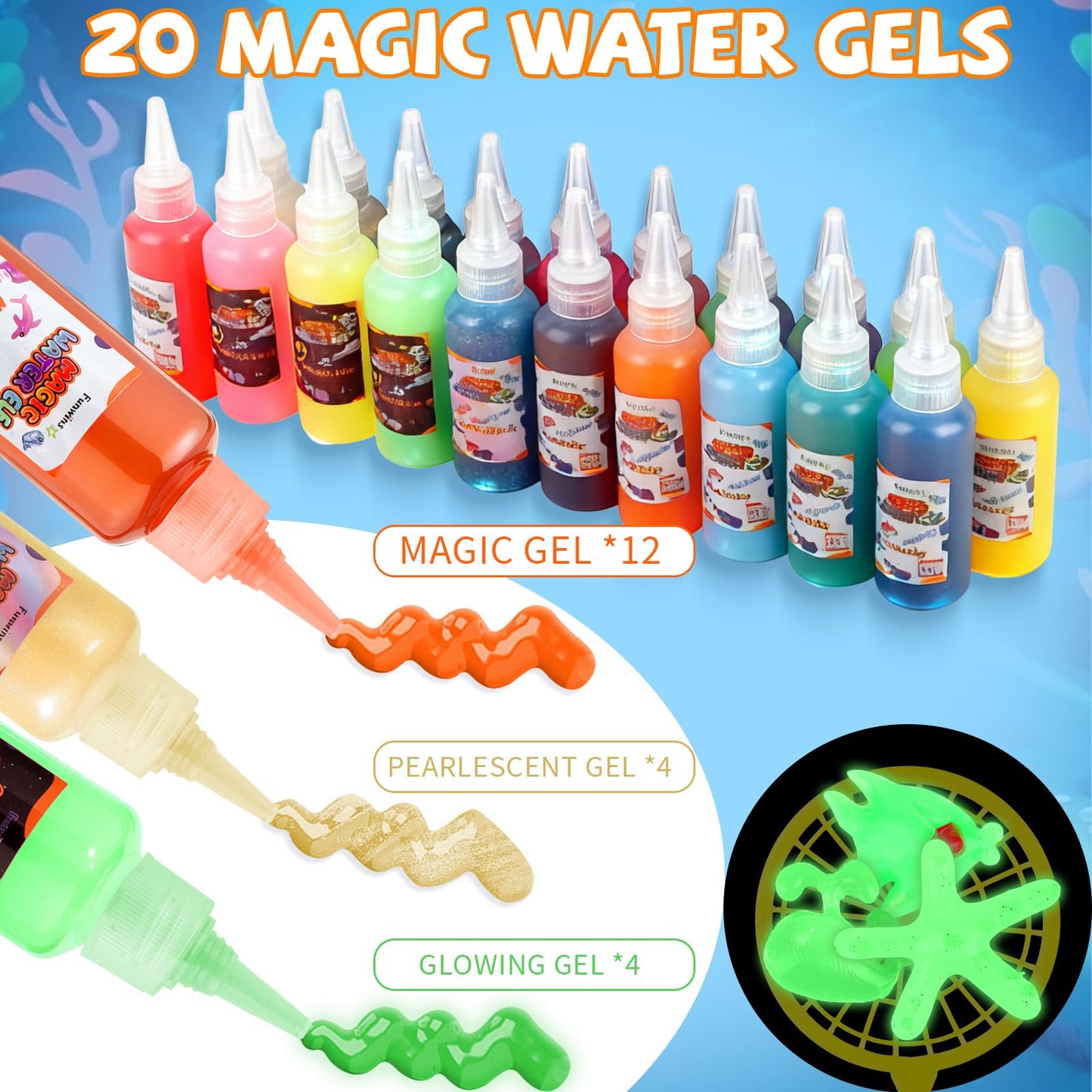 Funwins Magic Water Elf Toy Kit with Aquarium – DIY Gel Pets, 20 Gels & 12 Sea Animal Molds