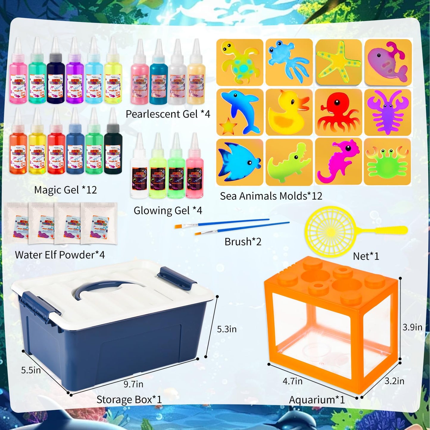 Funwins Magic Water Elf Toy Kit with Aquarium – DIY Gel Pets, 20 Gels & 12 Sea Animal Molds