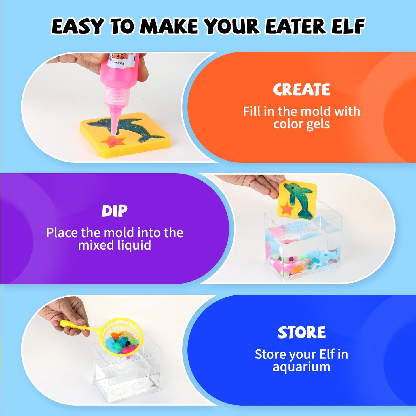 Funwins Magic Water Elf Toy Kit with Aquarium – DIY Gel Pets, 20 Gels & 12 Sea Animal Molds