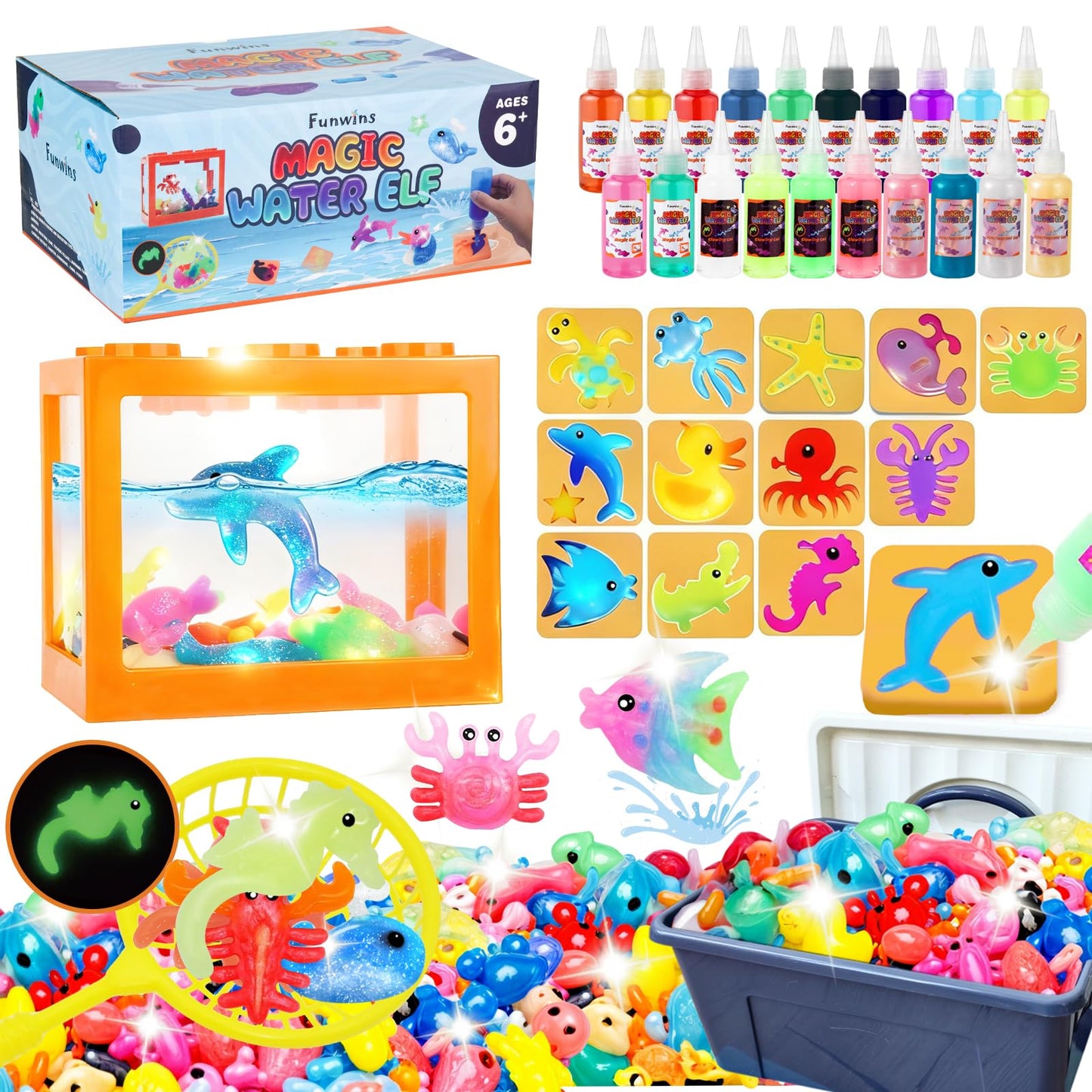 Funwins Magic Water Elf Toy Kit with Aquarium – DIY Gel Pets, 20 Gels & 12 Sea Animal Molds