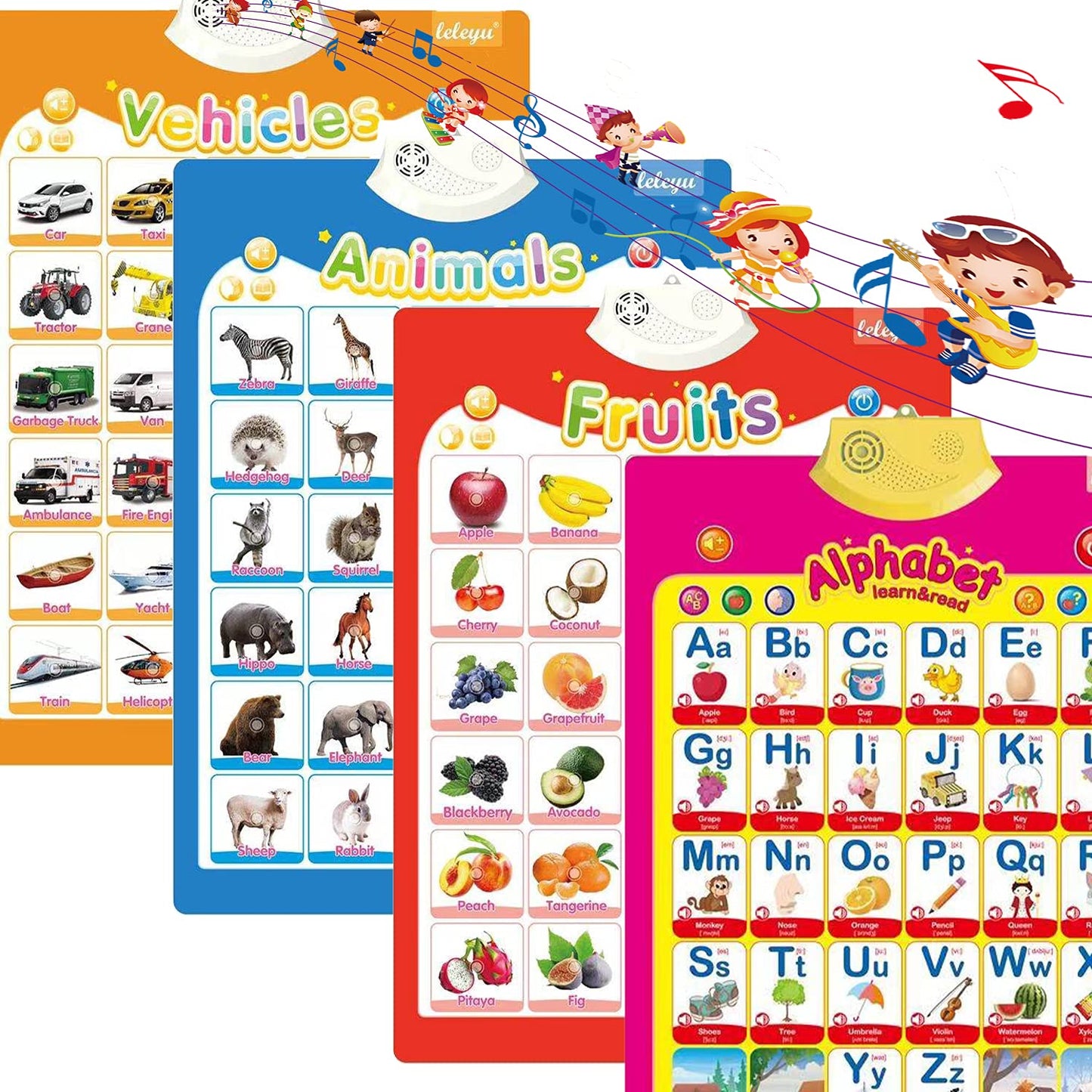 FUNWISH 4-Pack Electronic Interactive Alphabet Wall Chart for Kids – ABC Learning Poster