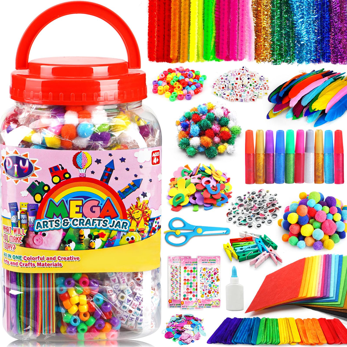 FUNZBO Arts & Crafts Kit for Kids — Pipe Cleaners, Sticks, Pompoms & Stickers