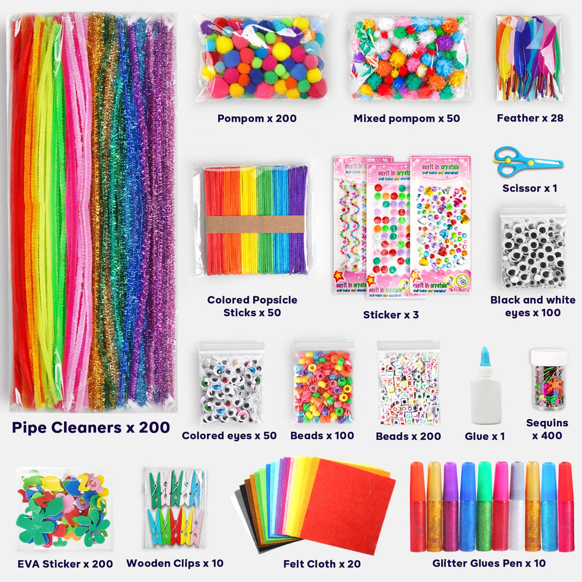 FUNZBO Arts & Crafts Kit for Kids — Pipe Cleaners, Sticks, Pompoms & Stickers