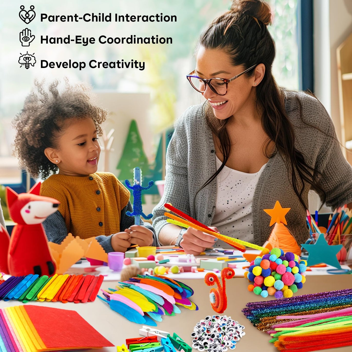 FUNZBO Arts & Crafts Kit for Kids — Pipe Cleaners, Sticks, Pompoms & Stickers