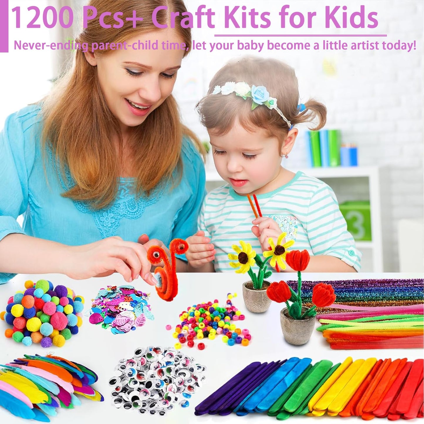 FUNZBO 1200+ Piece Craft Kit Set: Pipe Cleaners, Pom Poms & Popsicle Sticks for Kids Aged 4–8