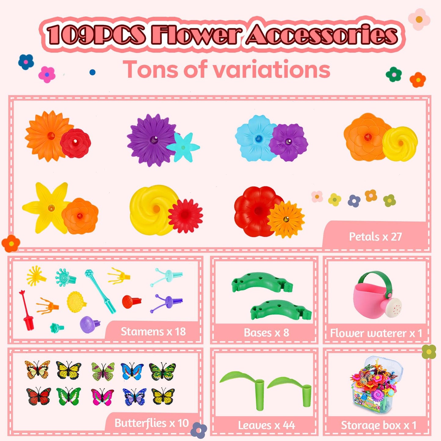 FUNZBO Flower Garden Building Toy Set - 109pcs STEM Montessori for Kids 2-8