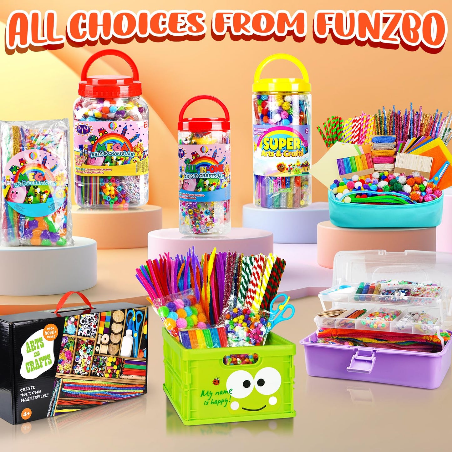 FUNZBO 1200+ Piece Craft Kit Set: Pipe Cleaners, Pom Poms & Popsicle Sticks for Kids Aged 4–8