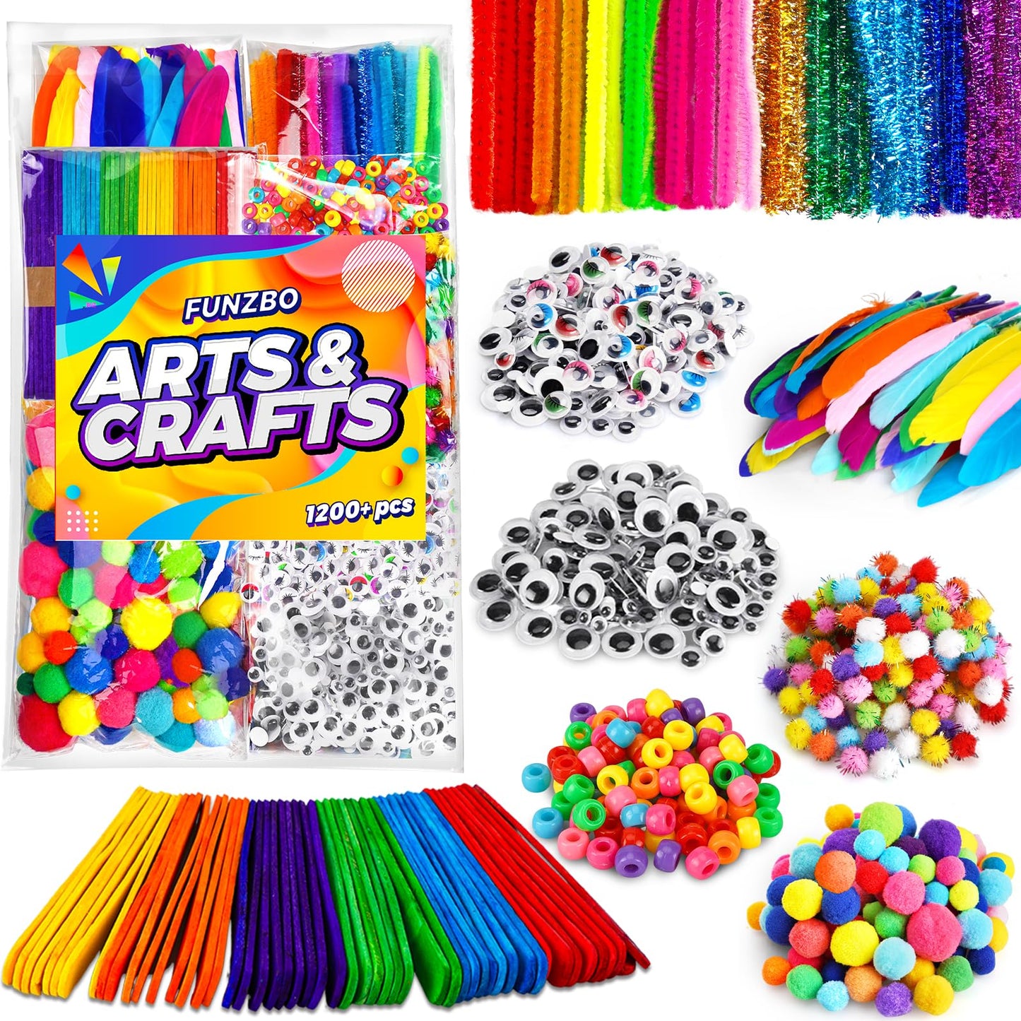 FUNZBO 1200+ Piece Craft Kit Set: Pipe Cleaners, Pom Poms & Popsicle Sticks for Kids Aged 4–8