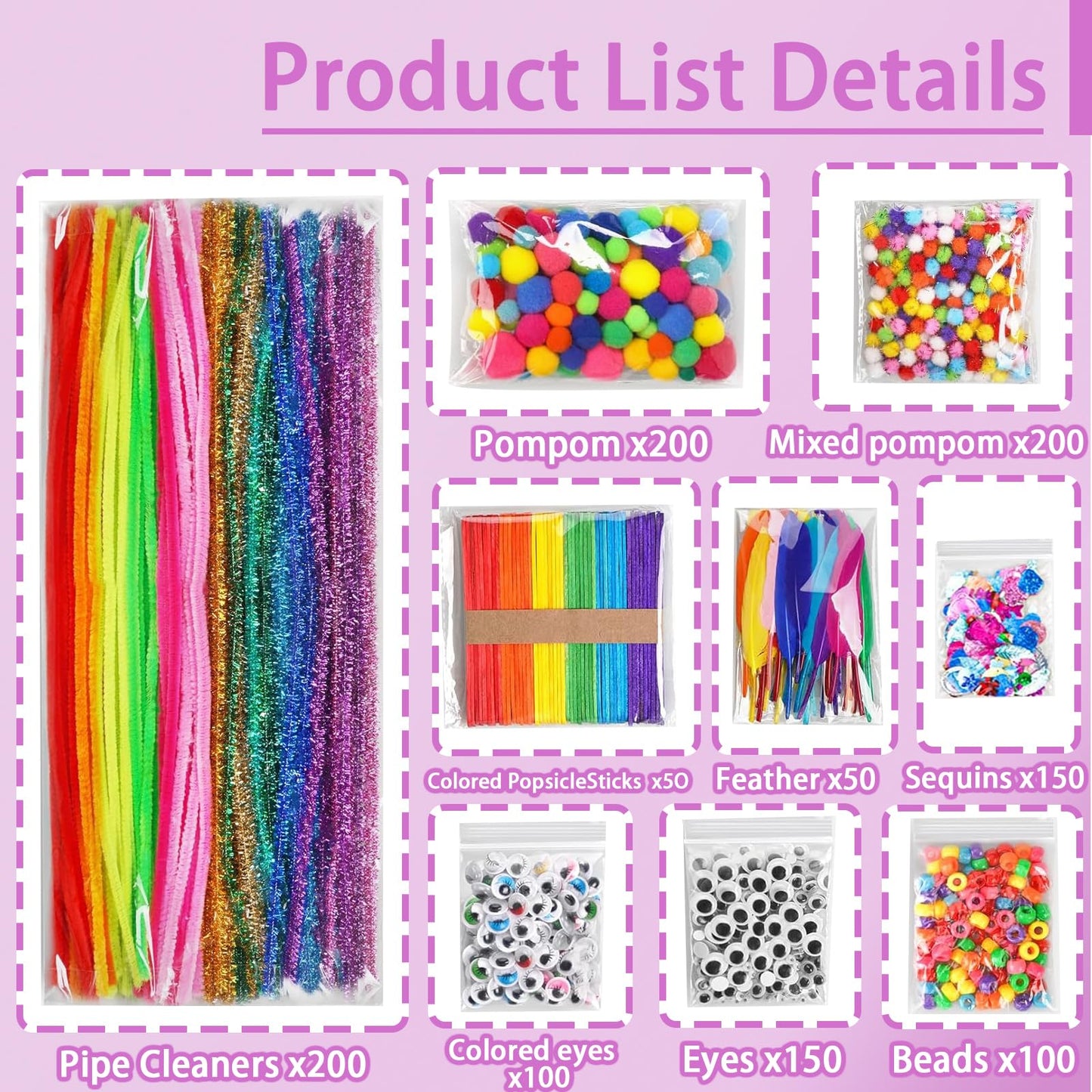 FUNZBO 1200+ Piece Craft Kit Set: Pipe Cleaners, Pom Poms & Popsicle Sticks for Kids Aged 4–8