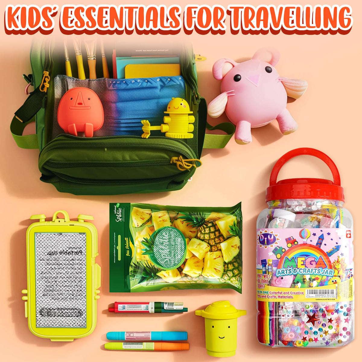 FUNZBO Arts & Crafts Kit for Kids — Pipe Cleaners, Sticks, Pompoms & Stickers