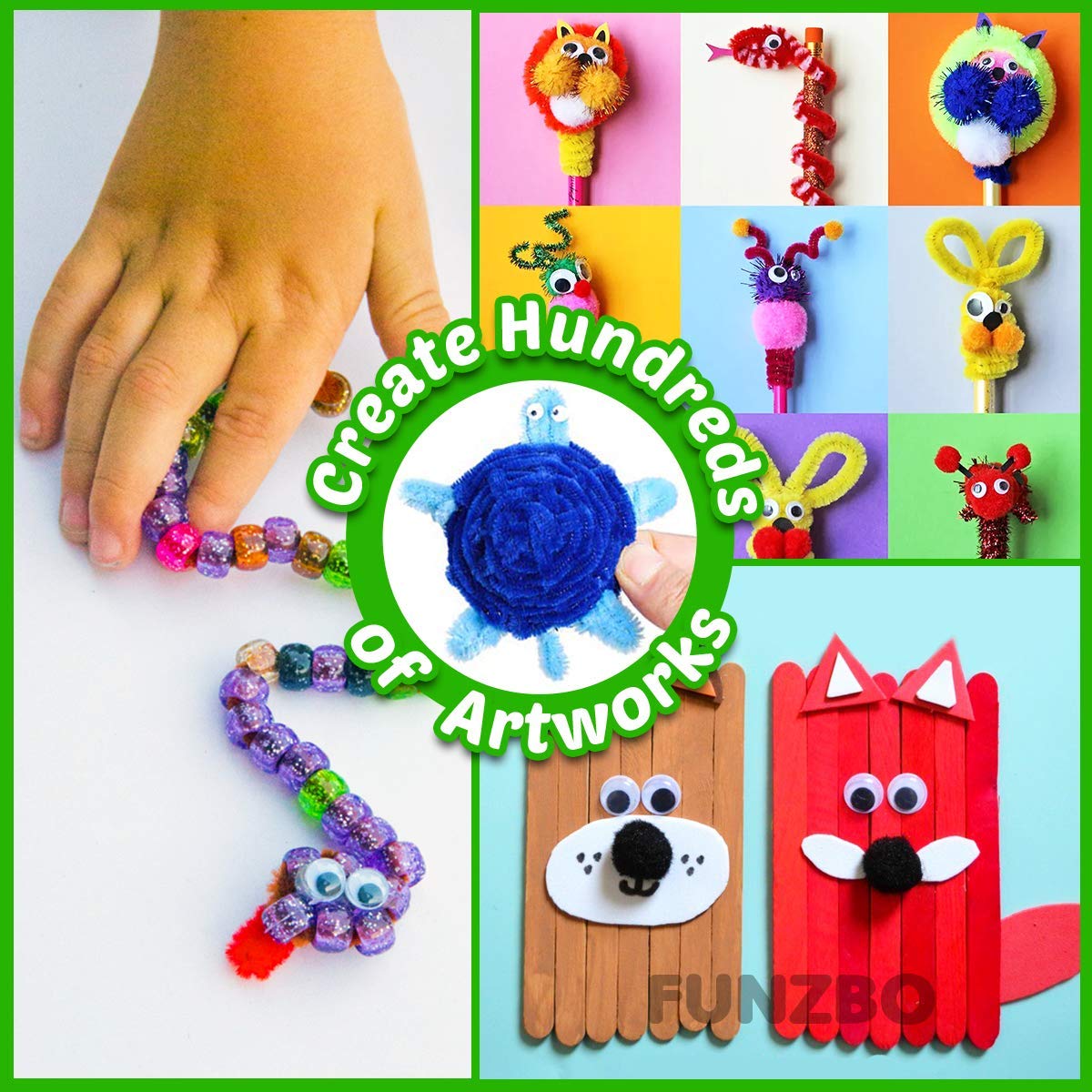 FUNZBO 1200+ Piece Craft Kit Set: Pipe Cleaners, Pom Poms & Popsicle Sticks for Kids Aged 4–8