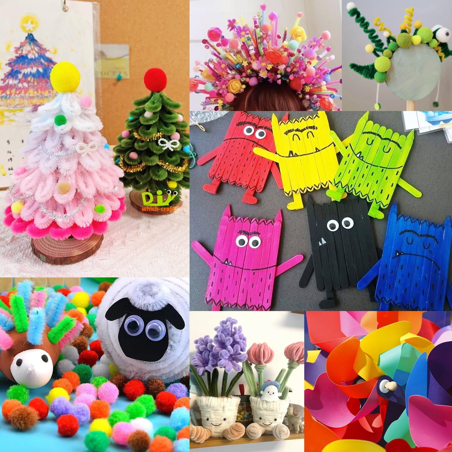 FUNZBO Arts & Crafts Kit for Kids — Pipe Cleaners, Sticks, Pompoms & Stickers
