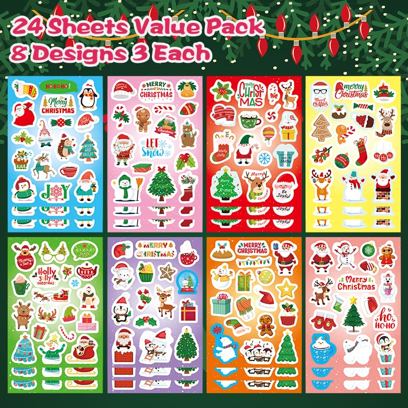 FunzPlay 399Pcs Christmas Stickers – 24 Sheets for Cards, Envelopes, and Holiday Crafts