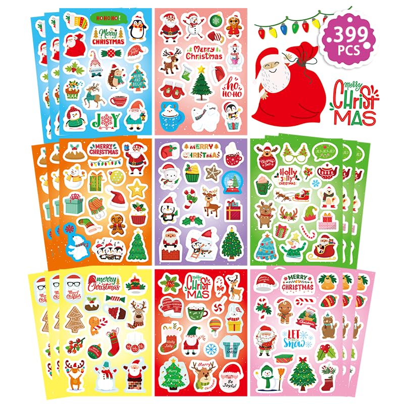 FunzPlay 399Pcs Christmas Stickers – 24 Sheets for Cards, Envelopes, and Holiday Crafts