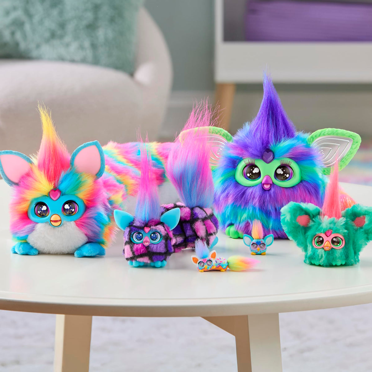Furby DJ Furblets Rain-Bow-Kat Mini Plush Toy – Stretchy Sounds & Furbish