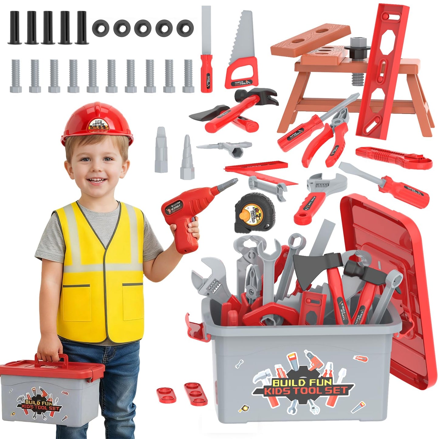 Fursnob 58-Piece Kids Tool Set with Realistic Drill – Tool Box, DIY Stickers, STEM Pretend Play (Ages 3-8)