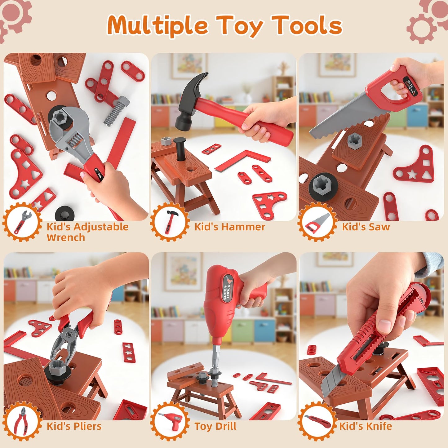 Fursnob 58-Piece Kids Tool Set with Realistic Drill – Tool Box, DIY Stickers, STEM Pretend Play (Ages 3-8)