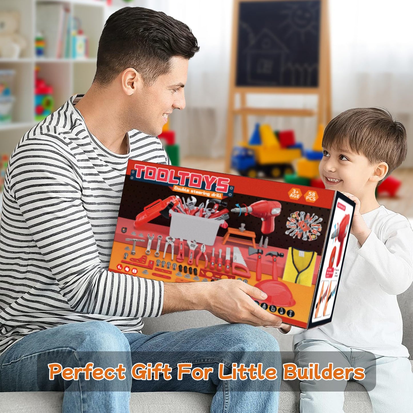 Fursnob 58-Piece Kids Tool Set with Realistic Drill – Tool Box, DIY Stickers, STEM Pretend Play (Ages 3-8)