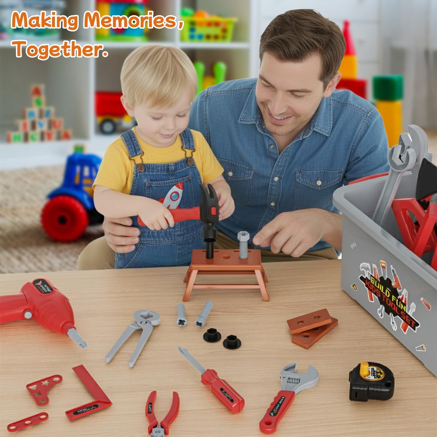 Fursnob 58-Piece Kids Tool Set with Realistic Drill – Tool Box, DIY Stickers, STEM Pretend Play (Ages 3-8)