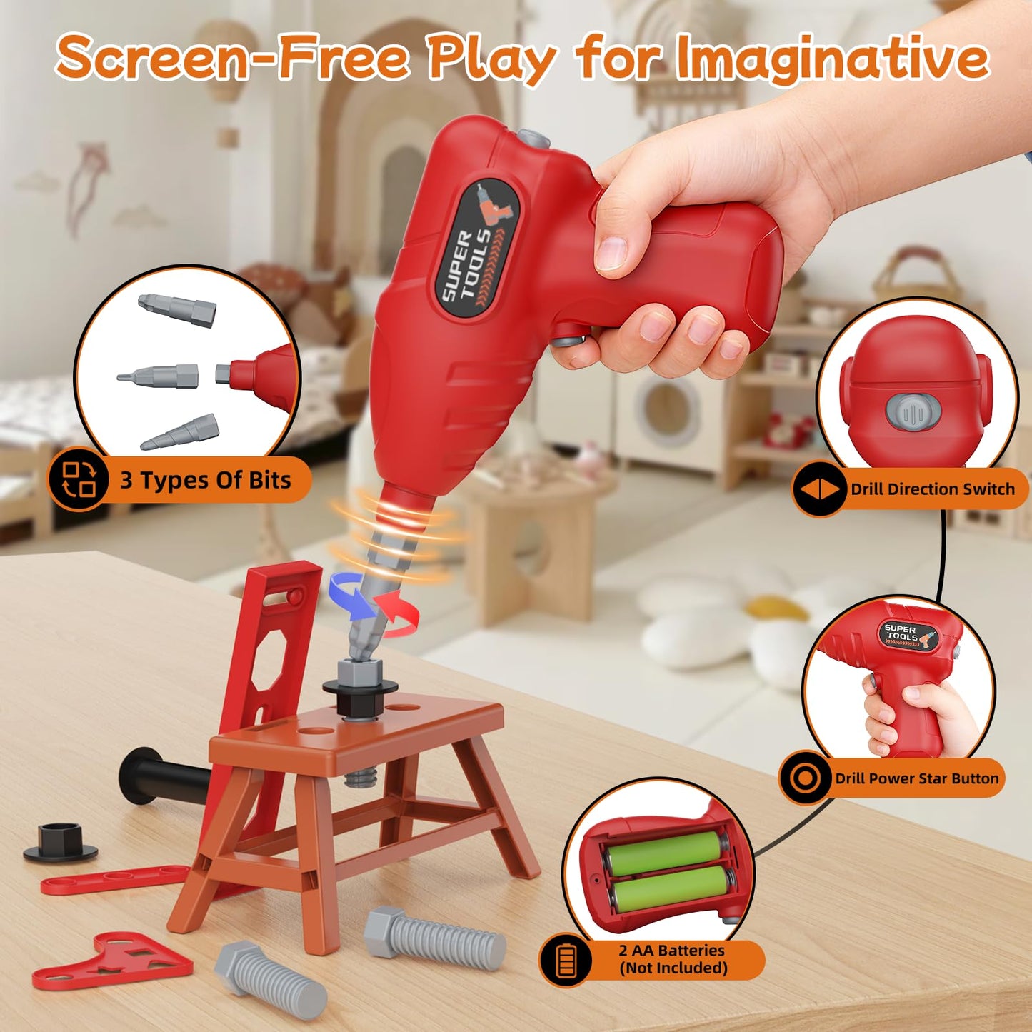 Fursnob 58-Piece Kids Tool Set with Realistic Drill – Tool Box, DIY Stickers, STEM Pretend Play (Ages 3-8)