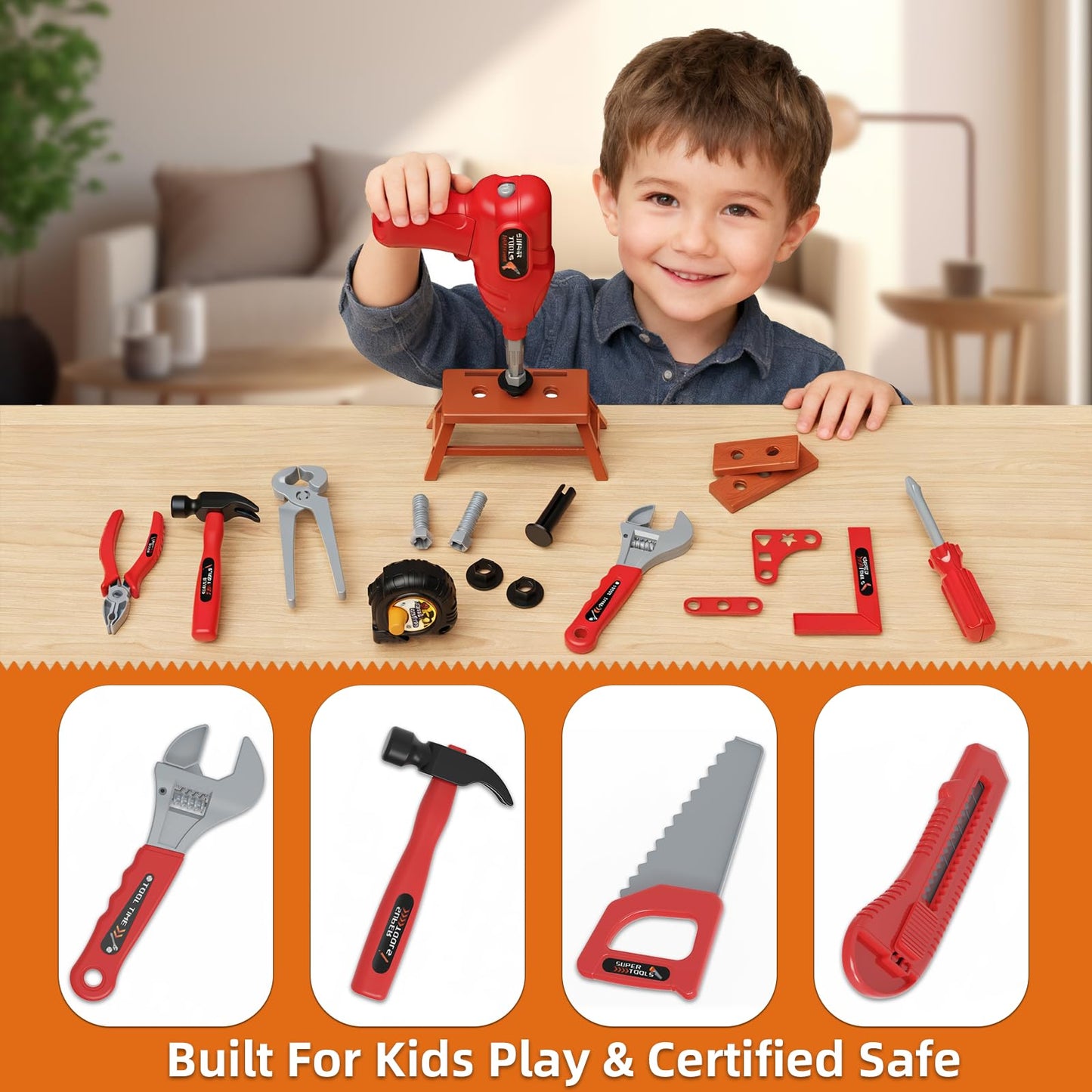 Fursnob 58-Piece Kids Tool Set with Realistic Drill – Tool Box, DIY Stickers, STEM Pretend Play (Ages 3-8)