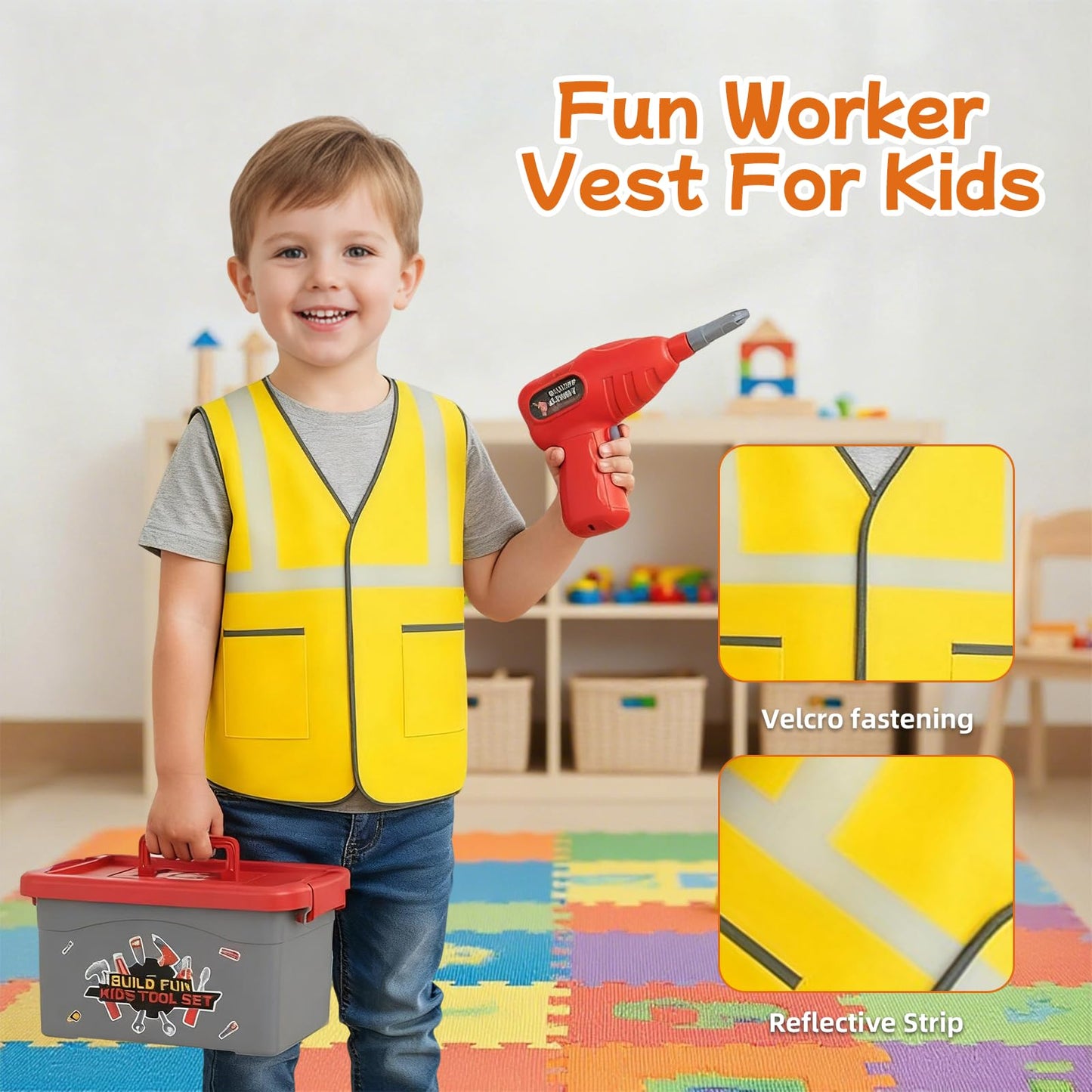 Fursnob 58-Piece Kids Tool Set with Realistic Drill – Tool Box, DIY Stickers, STEM Pretend Play (Ages 3-8)