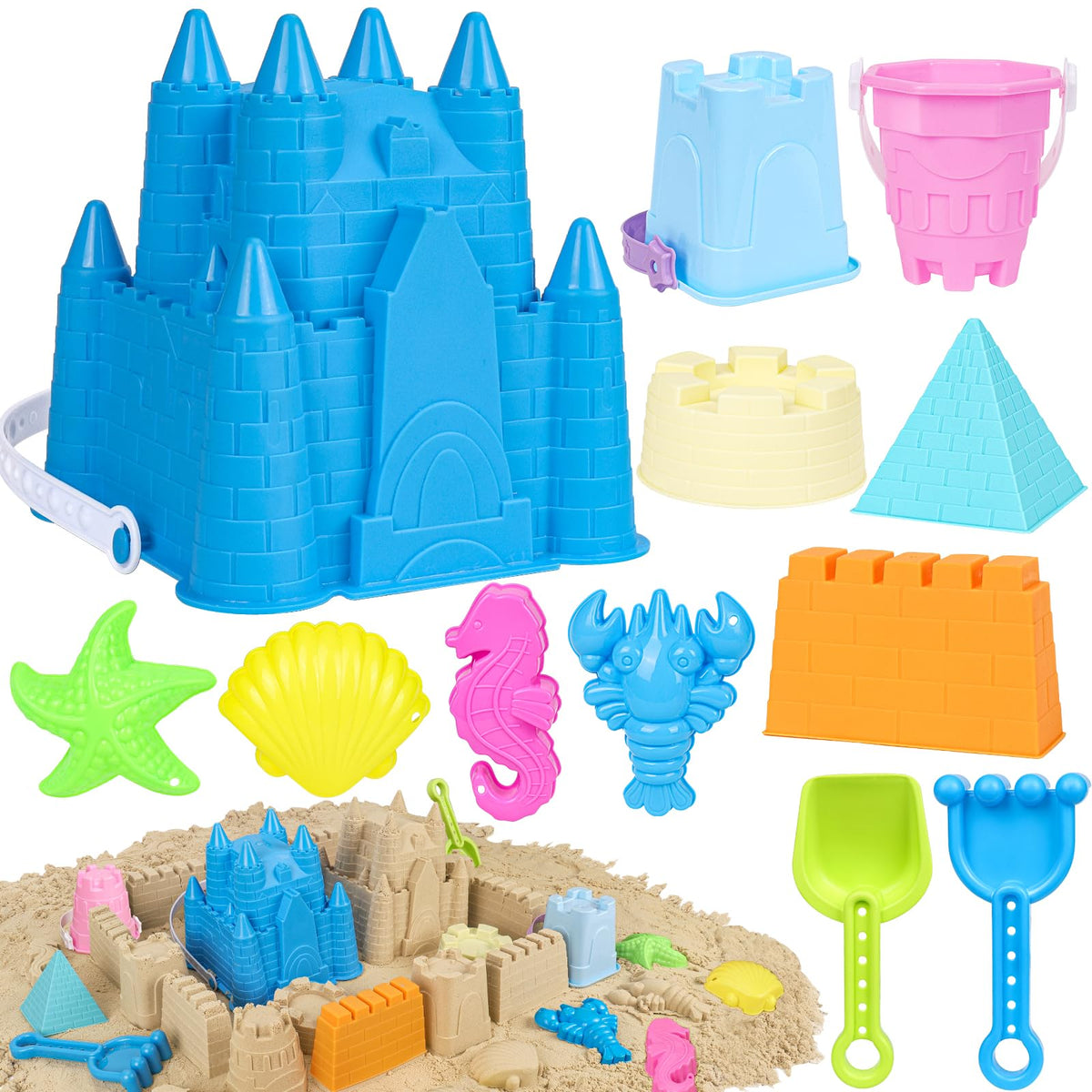 FUSPWEAO Beach Toys – Sand Castle Kit with Buckets, Molds, Shovel & Rake