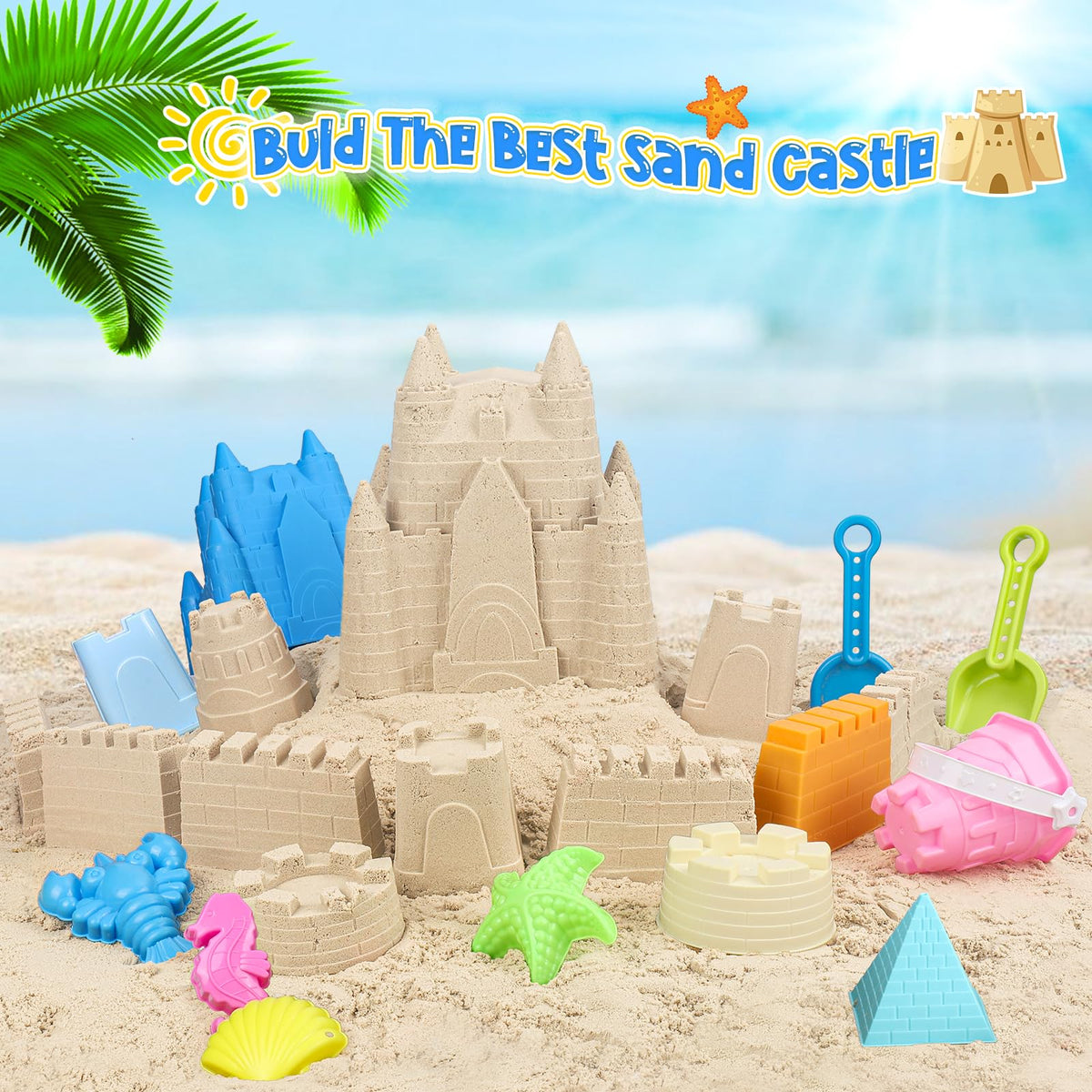 FUSPWEAO Beach Toys – Sand Castle Kit with Buckets, Molds, Shovel & Rake