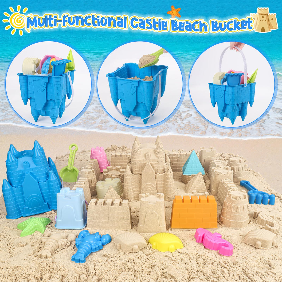FUSPWEAO Beach Toys – Sand Castle Kit with Buckets, Molds, Shovel & Rake
