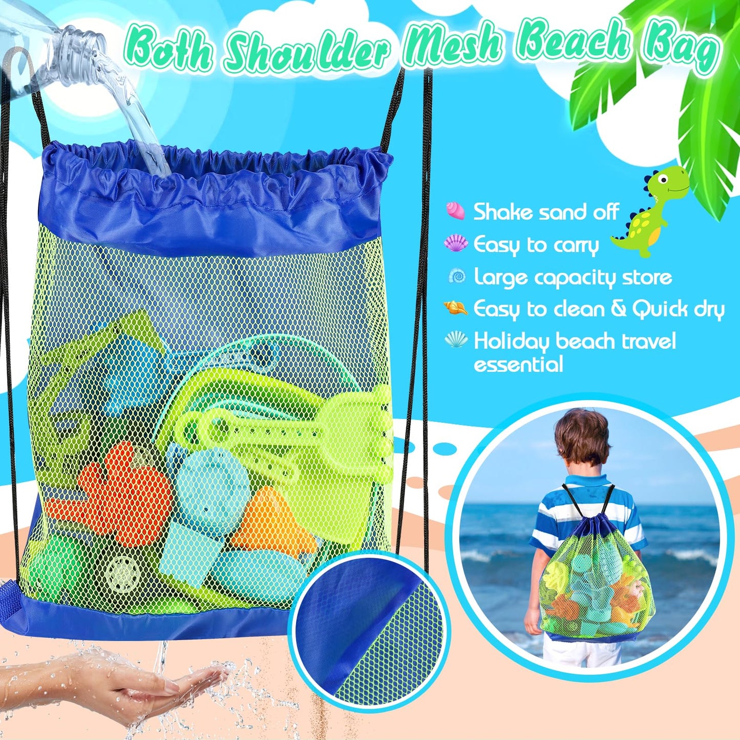 FUSPWEAO Beach Toys 36-Pcs Dinosaur Sand Set – Collapsible Buckets, Molds & Travel Bag