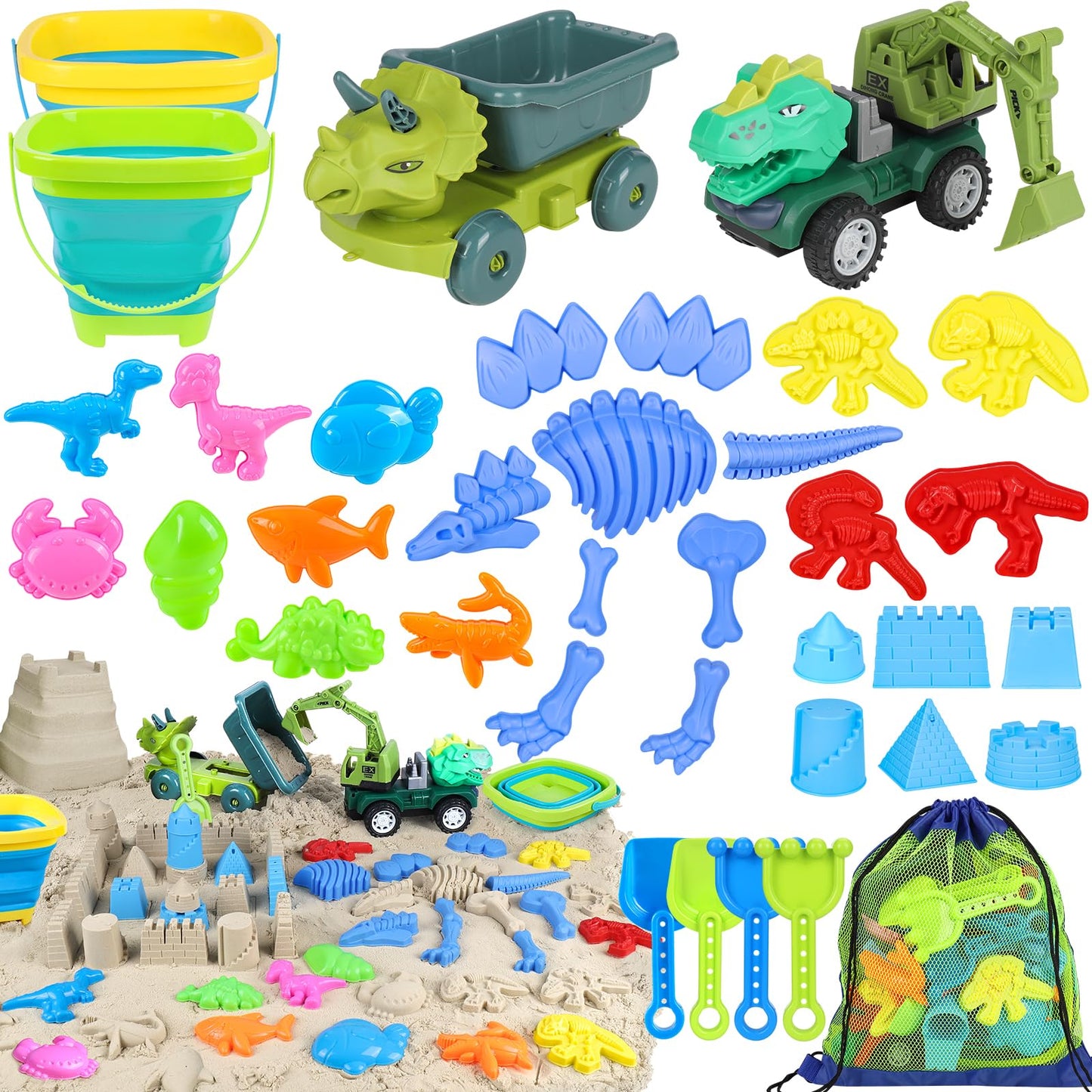 FUSPWEAO Beach Toys 36-Pcs Dinosaur Sand Set – Collapsible Buckets, Molds & Travel Bag